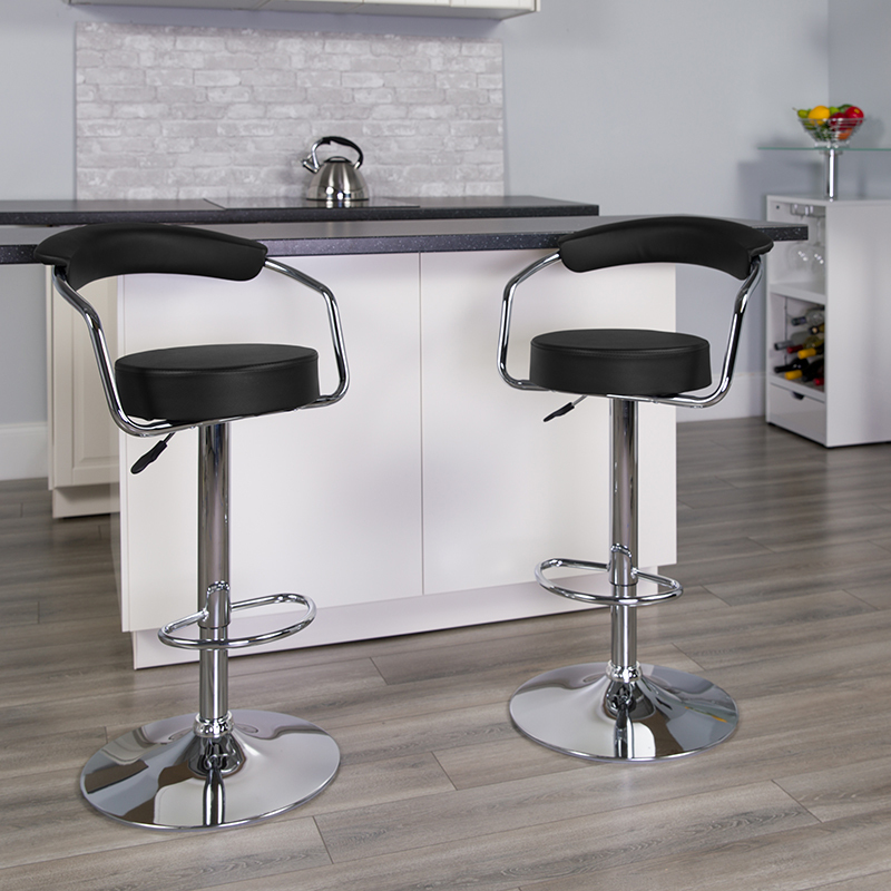 CONTEMPORARY BROWN VINYL ADJUSTABLE HEIGHT BAR STOOL WITH ARMS AND CHROME BASE