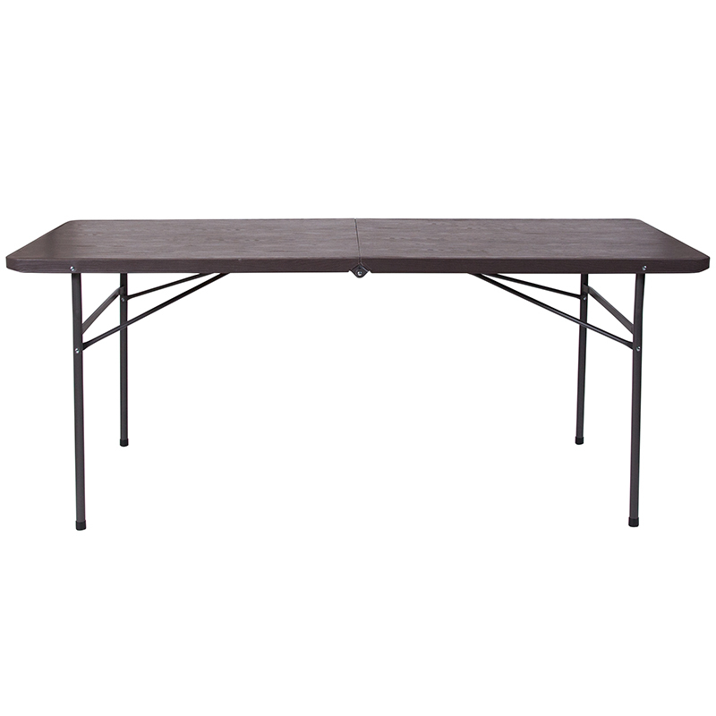 Alamont 30''W x 72''L Bi-Fold Brown Wood Grain Plastic Folding Table with Carrying Handle (ALA-EBEM-224349)