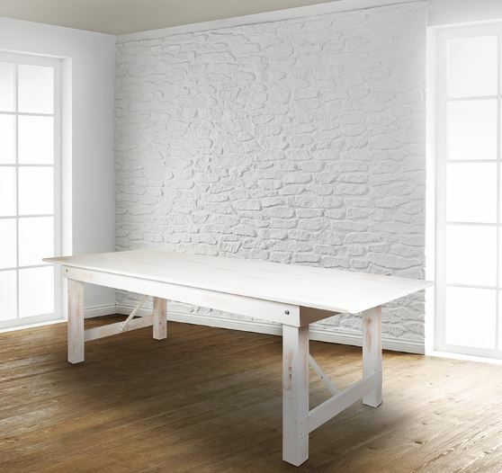 Farm Table -9' x 40" Rectangular Antique Rustic White Solid Pine Folding Farm Table