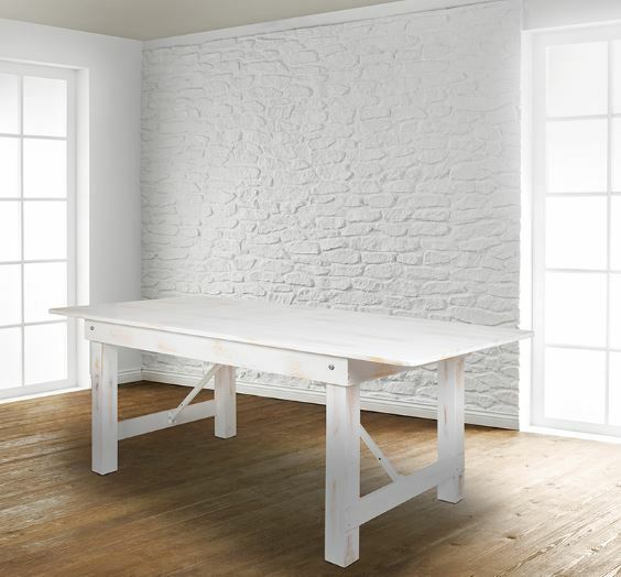 Farm Table - 7' x 40" Rectangular Antique Rustic White Solid Pine Folding Farm Table