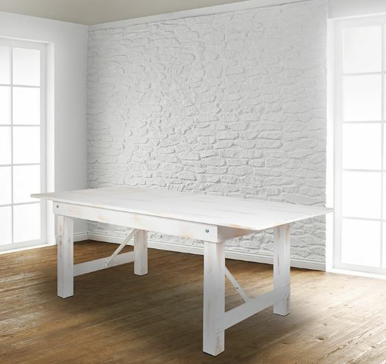 Farm Table -8' x 40" Rectangular Antique Rustic White Solid Pine Folding Farm Table