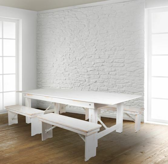 Farm Table -8' x 40" Antique Rustic White Folding Farm Table and Four 40.25"L Bench Set
