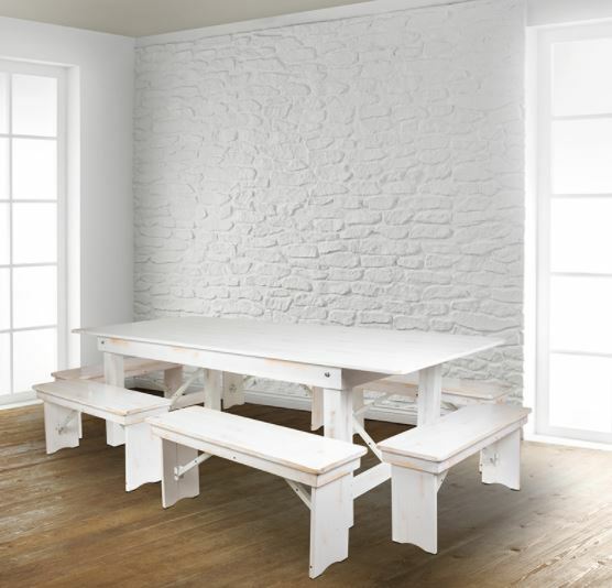 Farm Table -8' x 40" Antique Rustic White Folding Farm Table and Six Bench Set