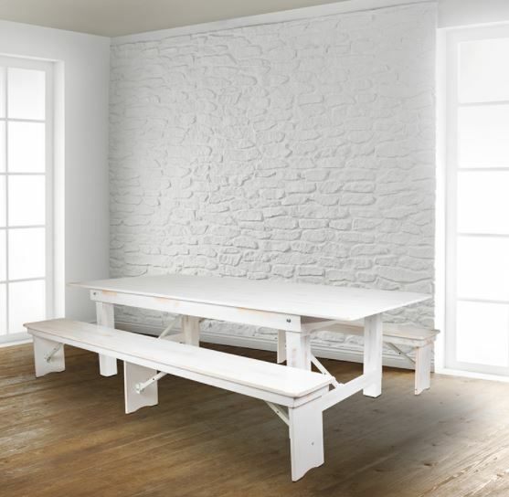 Farm Table -8' x 40" Antique Rustic White Folding Farm Table and Two Bench Set