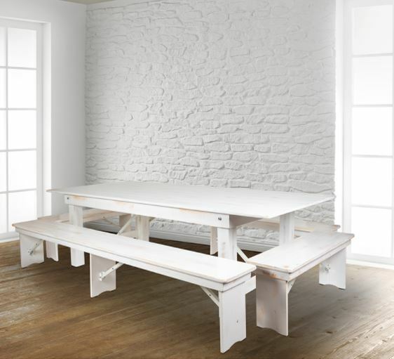 Farm Table -8' x 40" Antique Rustic White Folding Farm Table and Four Bench Set