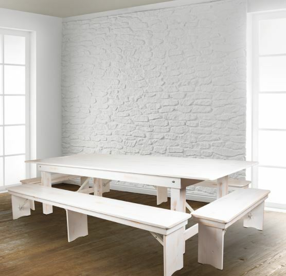 Farm Table -9' x 40" Antique Rustic White Folding Farm Table and Four Bench Set