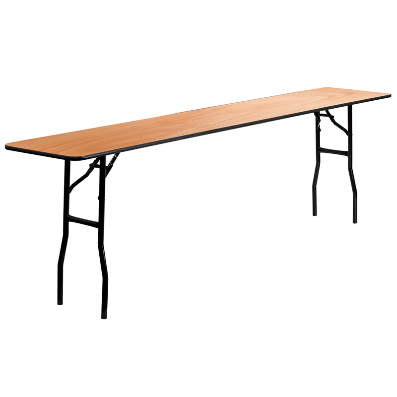 18'' x 96'' Rectangular Wood Folding Training / Seminar Table
with Smooth Clear Coated Finished Top